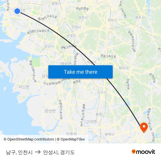 남구, 인천시 to 안성시, 경기도 map