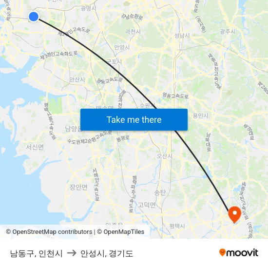 남동구, 인천시 to 안성시, 경기도 map