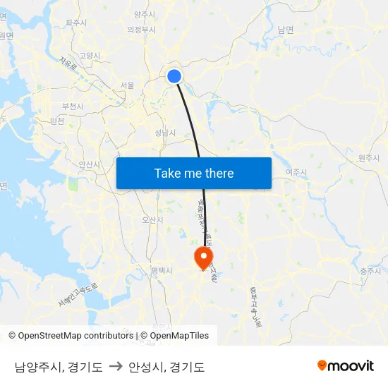 남양주시, 경기도 to 안성시, 경기도 map