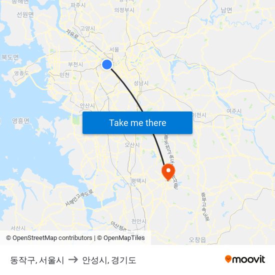 동작구, 서울시 to 안성시, 경기도 map