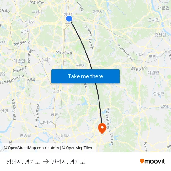 성남시, 경기도 to 안성시, 경기도 map