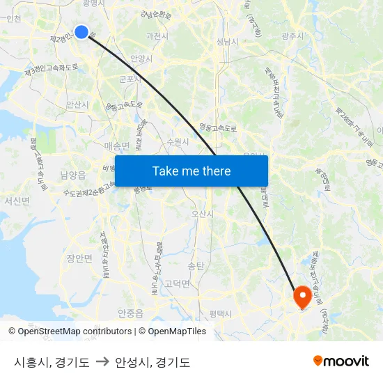 시흥시, 경기도 to 안성시, 경기도 map