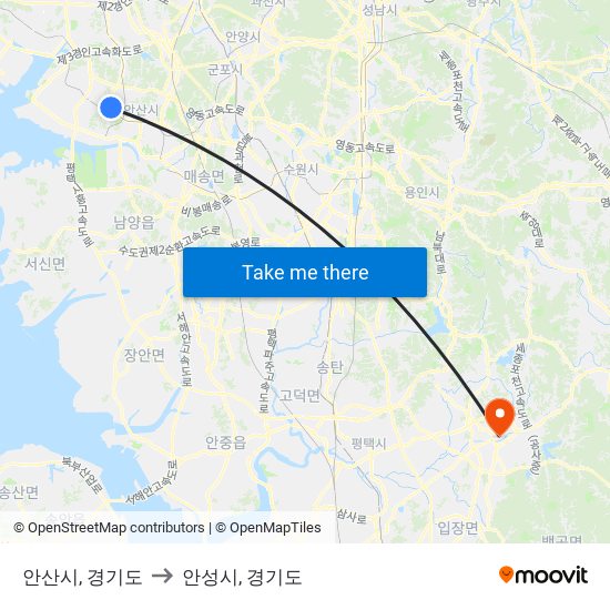 안산시, 경기도 to 안성시, 경기도 map