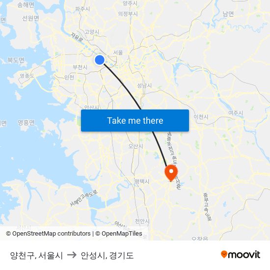 양천구, 서울시 to 안성시, 경기도 map