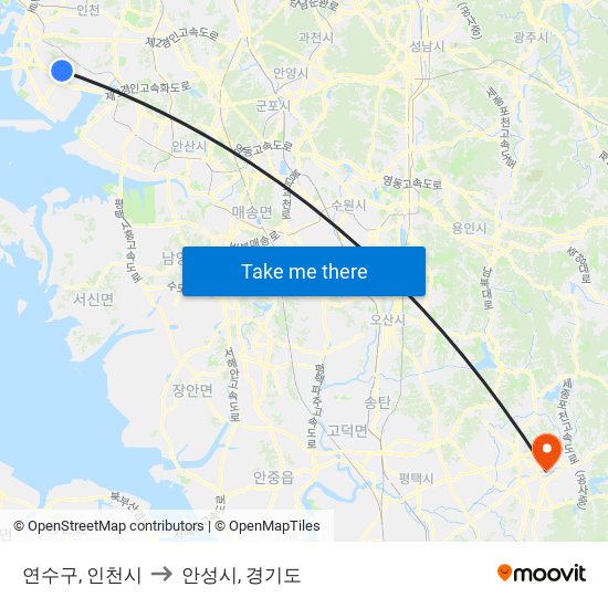 연수구, 인천시 to 안성시, 경기도 map