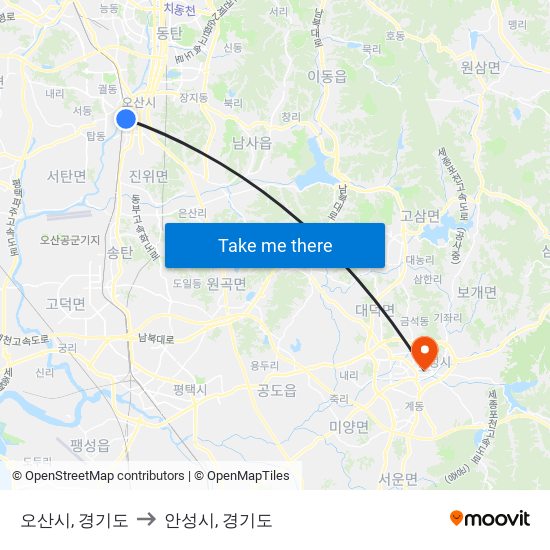 오산시, 경기도 to 안성시, 경기도 map