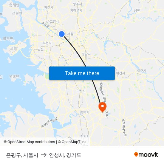 은평구, 서울시 to 안성시, 경기도 map