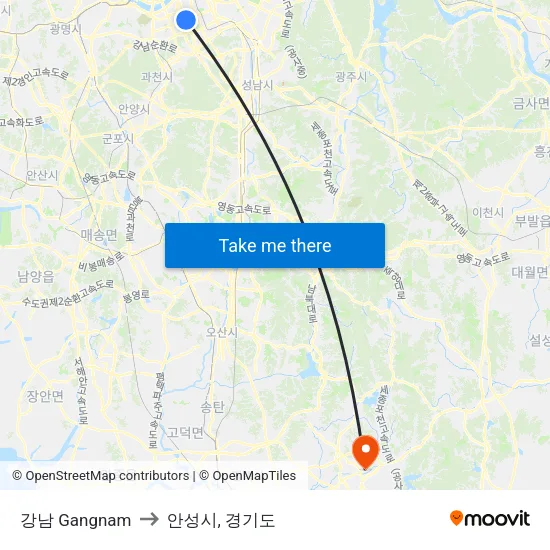 강남 Gangnam to 안성시, 경기도 map