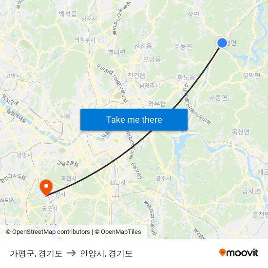 가평군, 경기도 to 안양시, 경기도 map