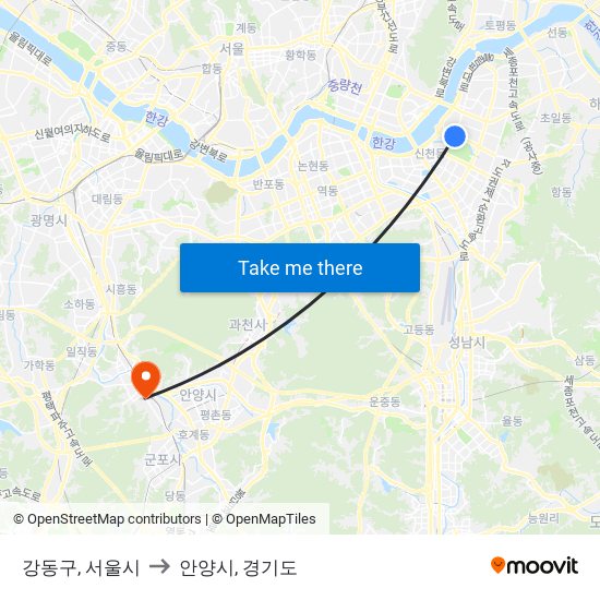 강동구, 서울시 to 안양시, 경기도 map