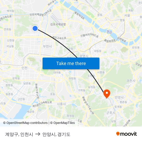 계양구, 인천시 to 안양시, 경기도 map