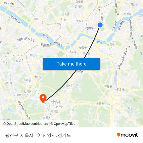 광진구, 서울시 to 안양시, 경기도 map