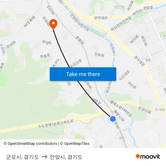 군포시, 경기도 to 안양시, 경기도 map