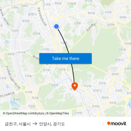 금천구, 서울시 to 안양시, 경기도 map