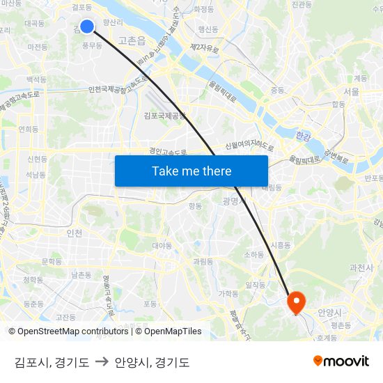 김포시, 경기도 to 안양시, 경기도 map