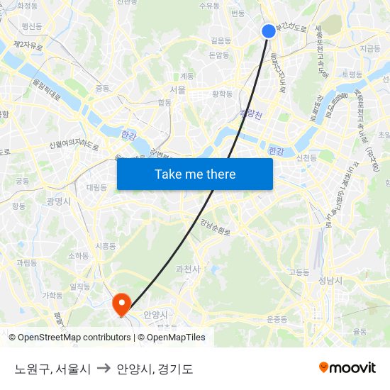 노원구, 서울시 to 안양시, 경기도 map