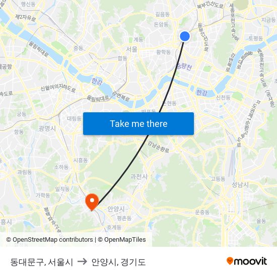 동대문구, 서울시 to 안양시, 경기도 map