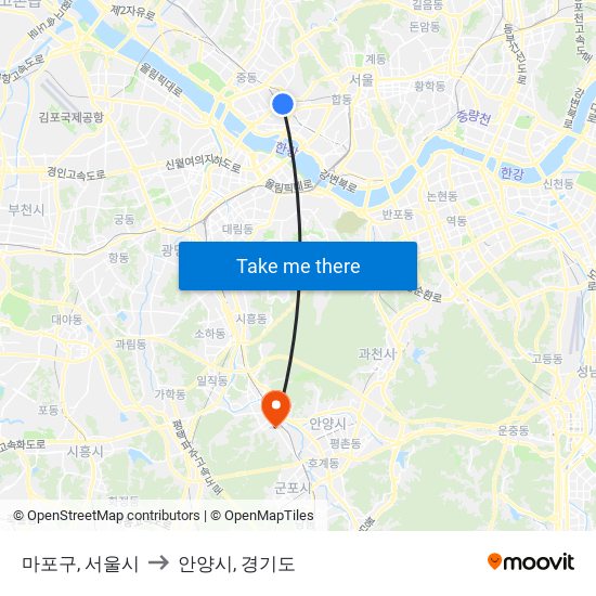 마포구, 서울시 to 안양시, 경기도 map