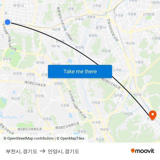 부천시, 경기도 to 안양시, 경기도 map