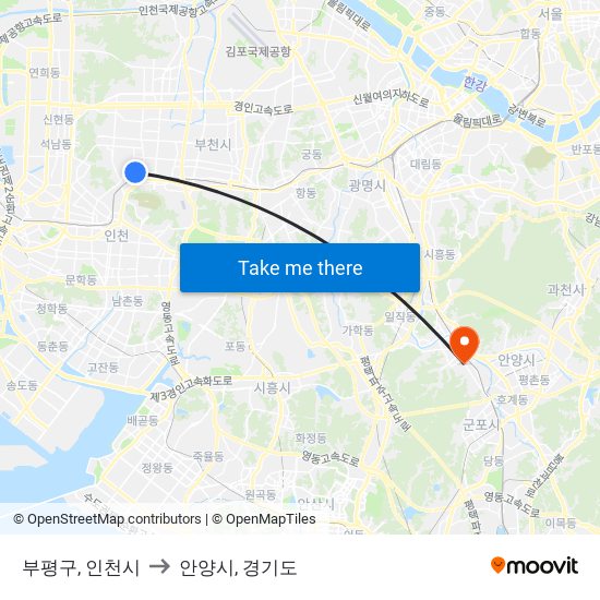 부평구, 인천시 to 안양시, 경기도 map