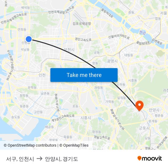 서구, 인천시 to 안양시, 경기도 map