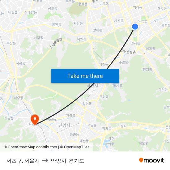 서초구, 서울시 to 안양시, 경기도 map