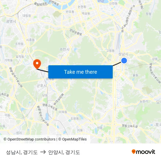성남시, 경기도 to 안양시, 경기도 map