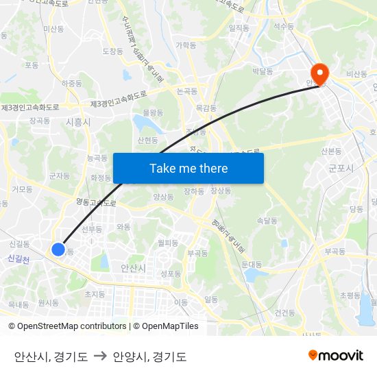 안산시, 경기도 to 안양시, 경기도 map