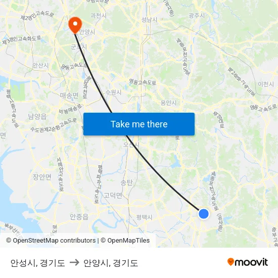 안성시, 경기도 to 안양시, 경기도 map