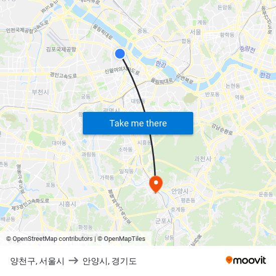 양천구, 서울시 to 안양시, 경기도 map