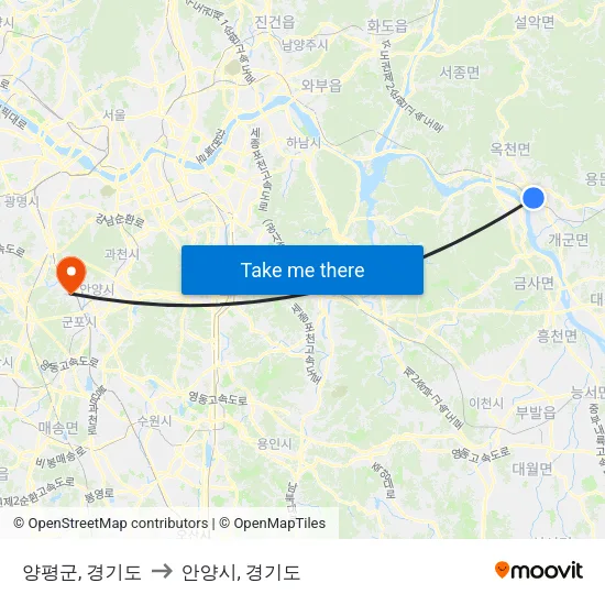 양평군, 경기도 to 안양시, 경기도 map