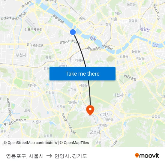 영등포구, 서울시 to 안양시, 경기도 map
