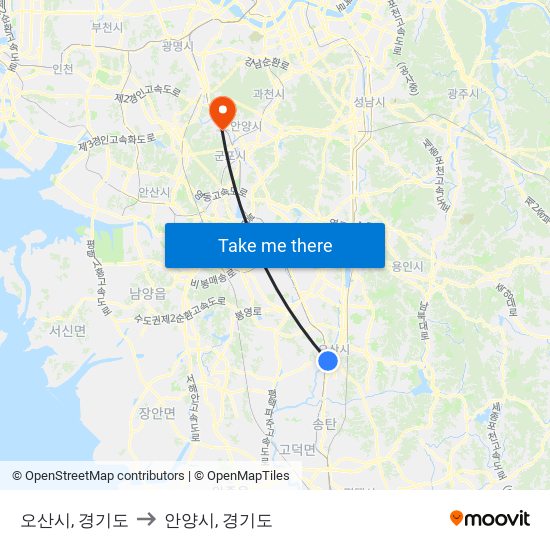 오산시, 경기도 to 안양시, 경기도 map