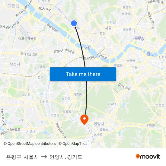 은평구, 서울시 to 안양시, 경기도 map