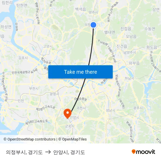 의정부시, 경기도 to 안양시, 경기도 map