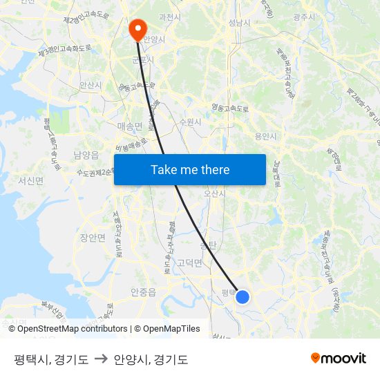 평택시, 경기도 to 안양시, 경기도 map