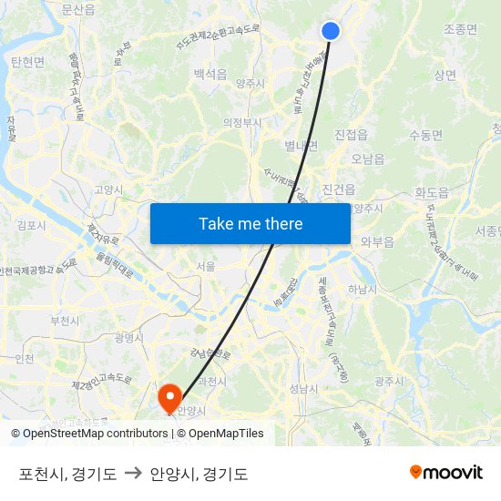 포천시, 경기도 to 안양시, 경기도 map