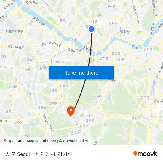 서울 Seoul to 안양시, 경기도 map