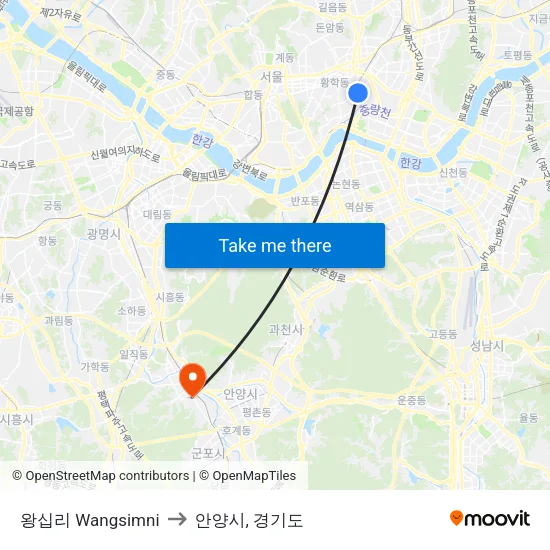 왕십리 Wangsimni to 안양시, 경기도 map