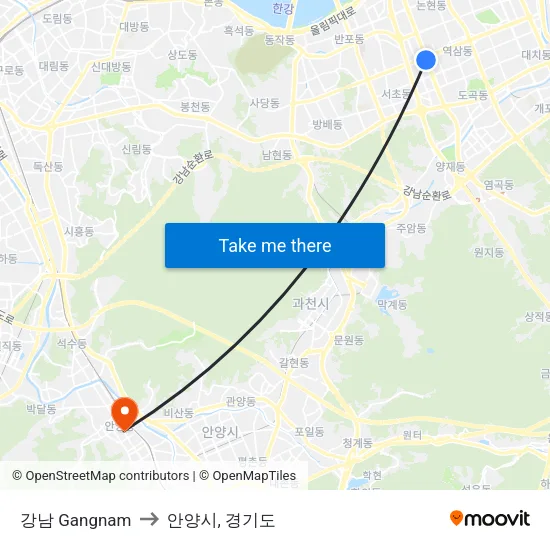 강남 Gangnam to 안양시, 경기도 map