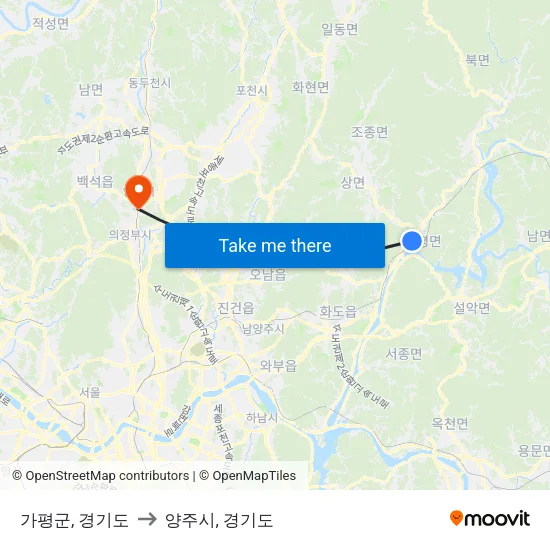 가평군, 경기도 to 양주시, 경기도 map