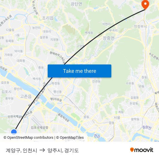 계양구, 인천시 to 양주시, 경기도 map