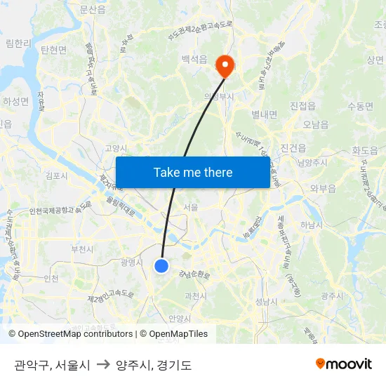 관악구, 서울시 to 양주시, 경기도 map