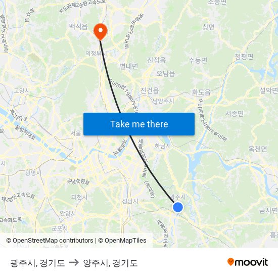 광주시, 경기도 to 양주시, 경기도 map