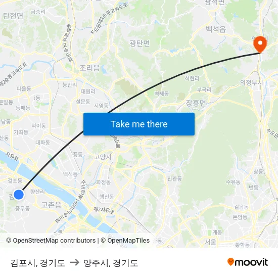 김포시, 경기도 to 양주시, 경기도 map