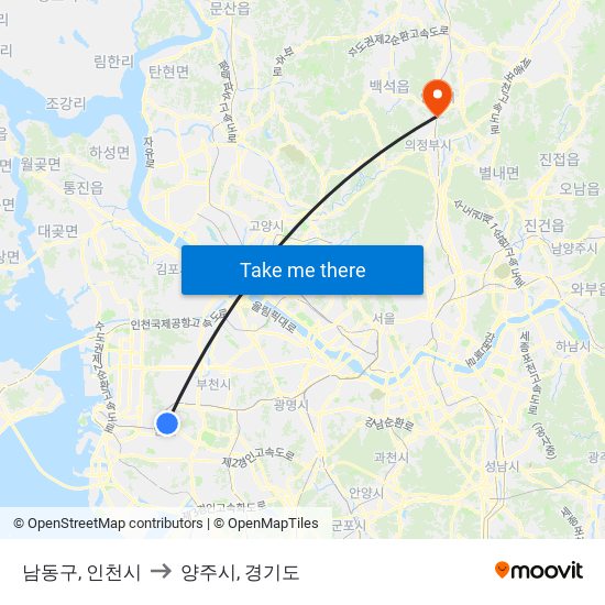 남동구, 인천시 to 양주시, 경기도 map