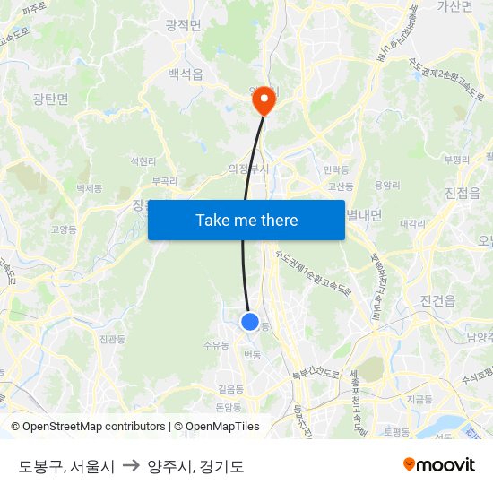 도봉구, 서울시 to 양주시, 경기도 map