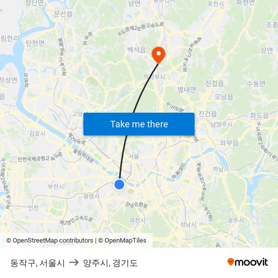 동작구, 서울시 to 양주시, 경기도 map