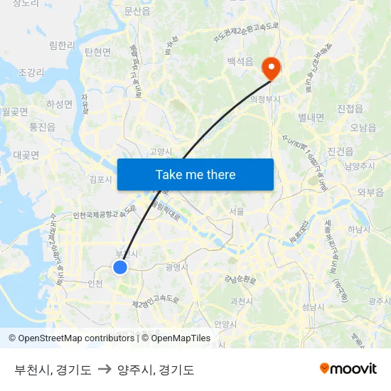부천시, 경기도 to 양주시, 경기도 map