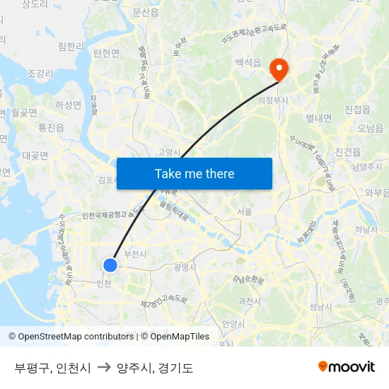 부평구, 인천시 to 양주시, 경기도 map